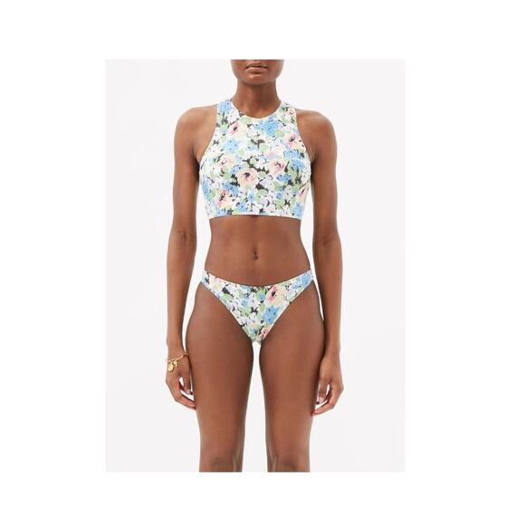 Ganni FLORAL AZURE BLUE Racer Zip  Back Floral Bikini Swim Top size 6 - Picture 2 of 5